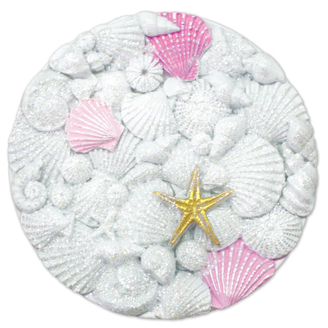 A round decorative magnet featuring a textured arrangement of white seashells, glittery white stones, pink scallop shells, and a central gold starfish on a plain white background.