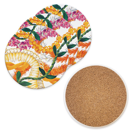 a set of Hawaii floral lei coasters front and back