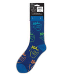 Blue sock with 'Aloha' text and hand signs on a white background