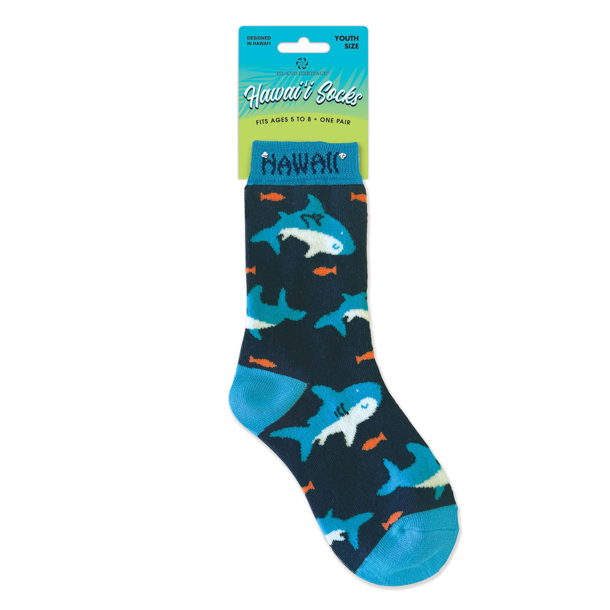 Children's sock with shark pattern on a white background