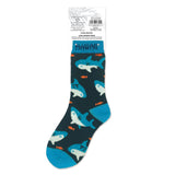 Shark-themed socks with a blue and green pattern on a white background