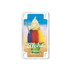 license plate shape magnet with a shave ice design and 'Aloha from Hawaii' text