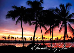 Palm trees silhouetted against a colorful sunset sky with 'Hawaii's Big Island' text.