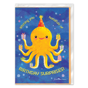 Birthday card with a cartoon octopus holding presents against a blue background