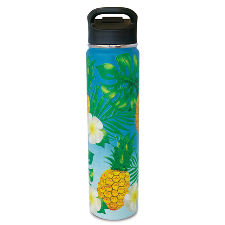 A tall blue Hawaii water bottle with tropical leaves and flower and pineapples