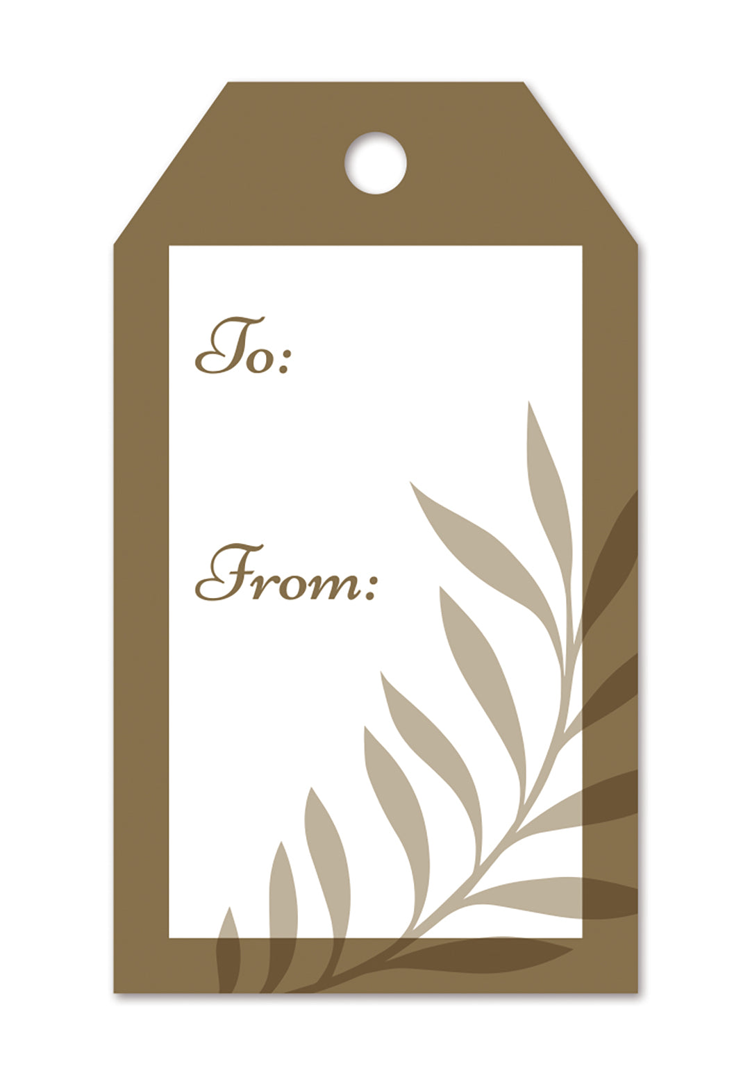 A gift tag that says to and from in brown and white