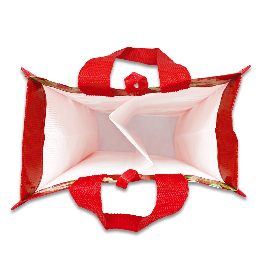 Top view of a red and white wine bag