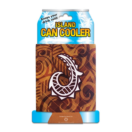 Island Can Cooler packaging with a tribal hook design on a white background
