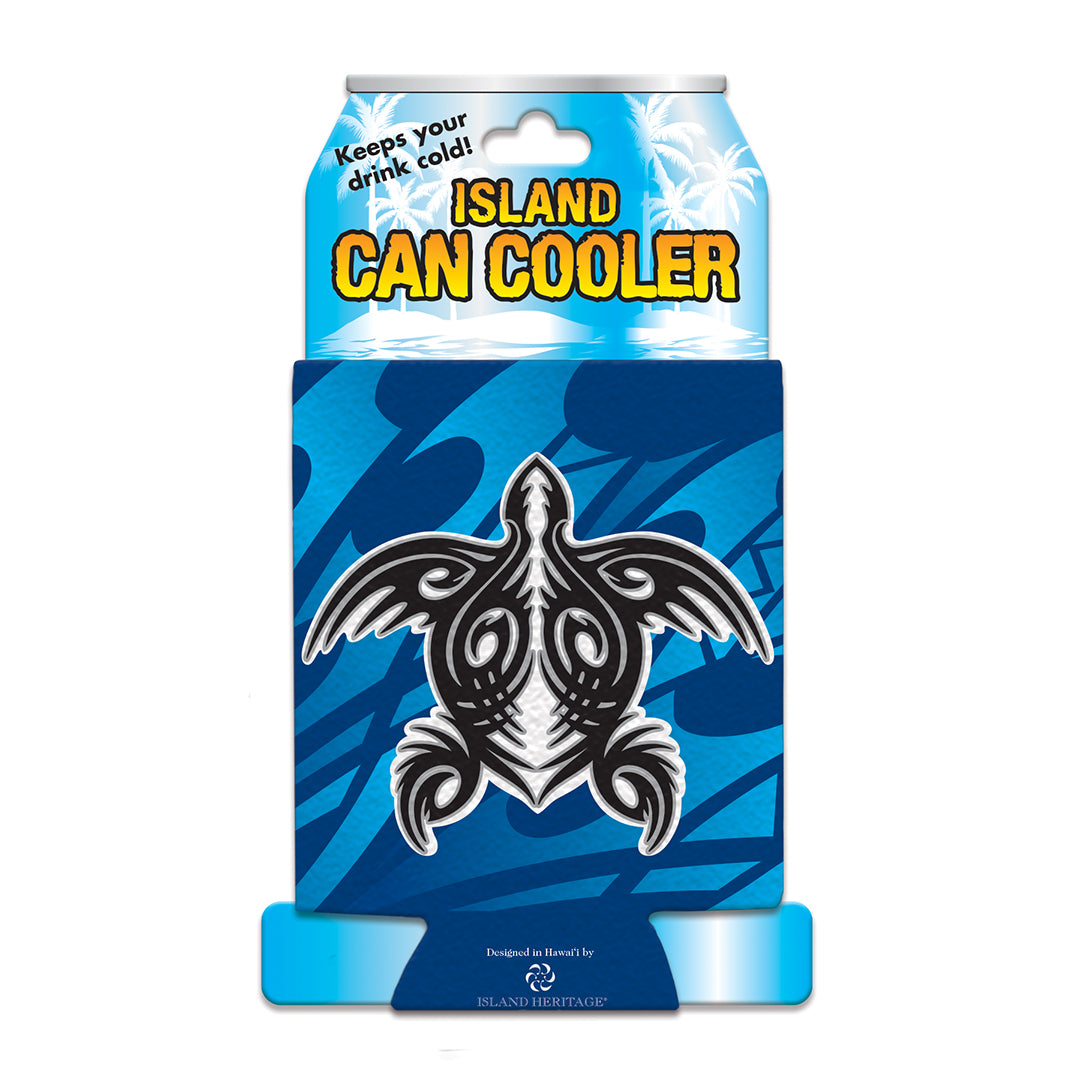 Blue can cooler with turtle design and 'Island Can Cooler' text on a white background