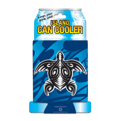 Blue can cooler with turtle design and 'Island Can Cooler' text on a white background