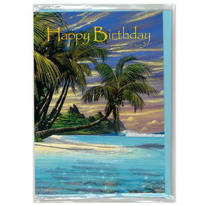 Birthday card with tropical beach scene, palm trees, and 'Happy Birthday' text.