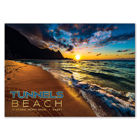 Sunset at Tunnels Beach with text overlay