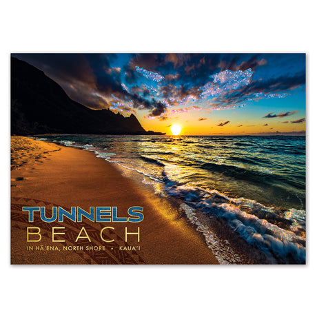 Sunset at Tunnels Beach with text overlay