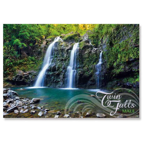 Waterfall in a lush green forest with 'Twin Falls Maui' branding.