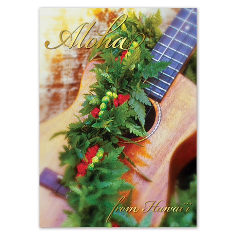 Postcard with an ukulele and lei featuring the word 'Aloha' and 'from Hawaii'