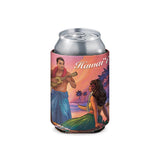 Can cooler with Hawaiian-themed design featuring a man playing ukulele and a woman in a canoe.
