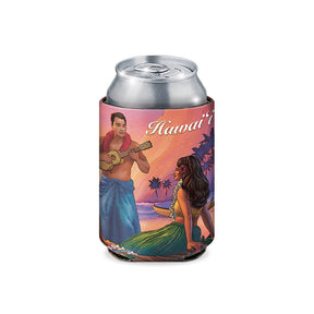 Can cooler with Hawaiian-themed design featuring a man playing ukulele and a woman in a canoe.