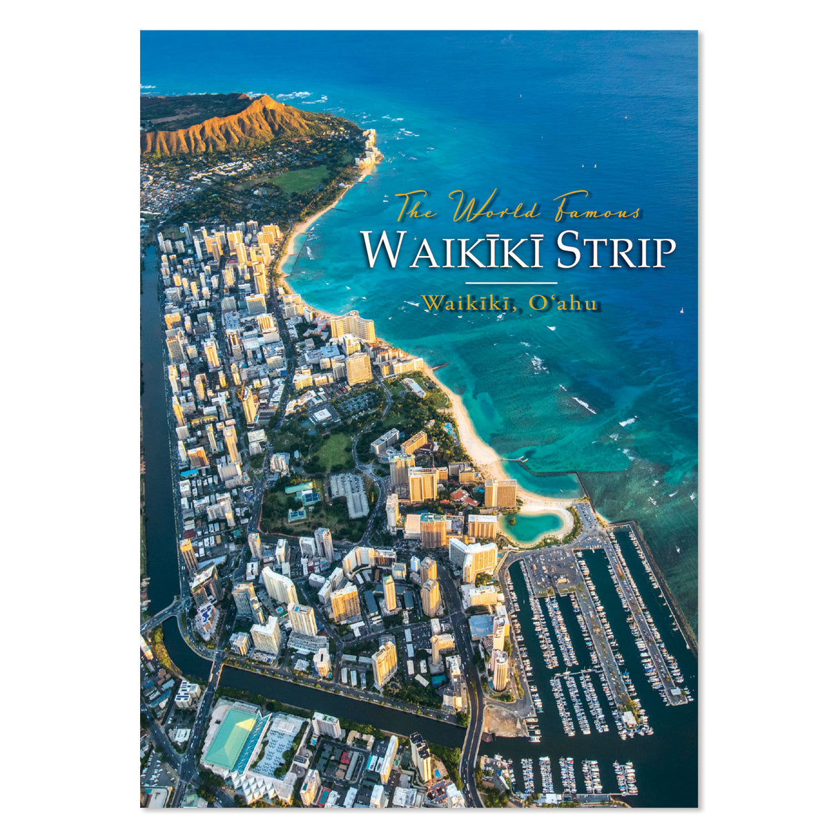 Aerial view of Waikiki Strip with ocean and cliffs, promotional text overlay.