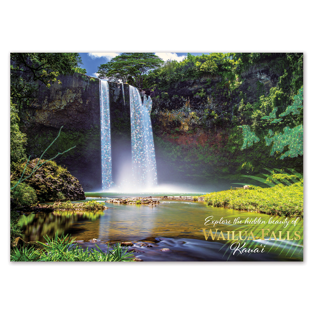 Waterfall in a lush green forest with text overlay