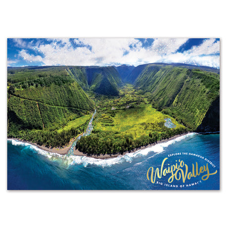 Aerial view of Waipio Valley with a river cutting through green mountains and blue ocean, featuring text promoting the Na'akuus District on the Big Island of Hawaii.