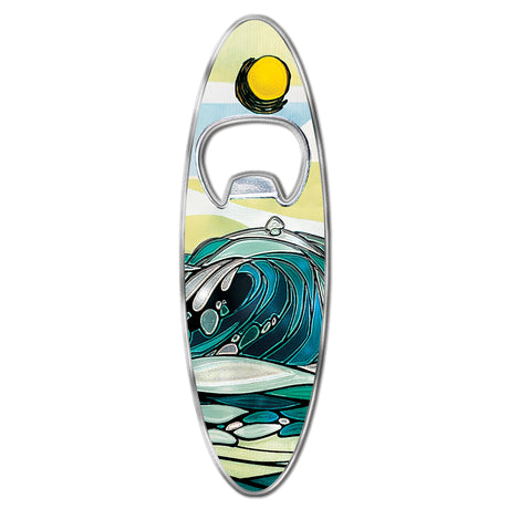 surfboard bottle opener with ocean wave design on a white background