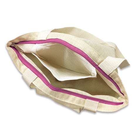 Beige tote bag with pink zipper on a white background